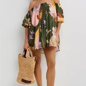 Agua Bendita Olive Floral Off-Shoulder Mini Dress with Pink & Yellow Accents